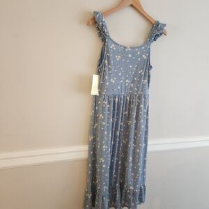 NWT Strap Blue Gray Ruffled Smocked Tiered Sundress Sz L
